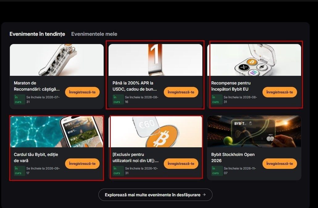 Captură din Bybit EU cu secțiunea Evenimente în tendințe și cardurile campaniilor disponibile